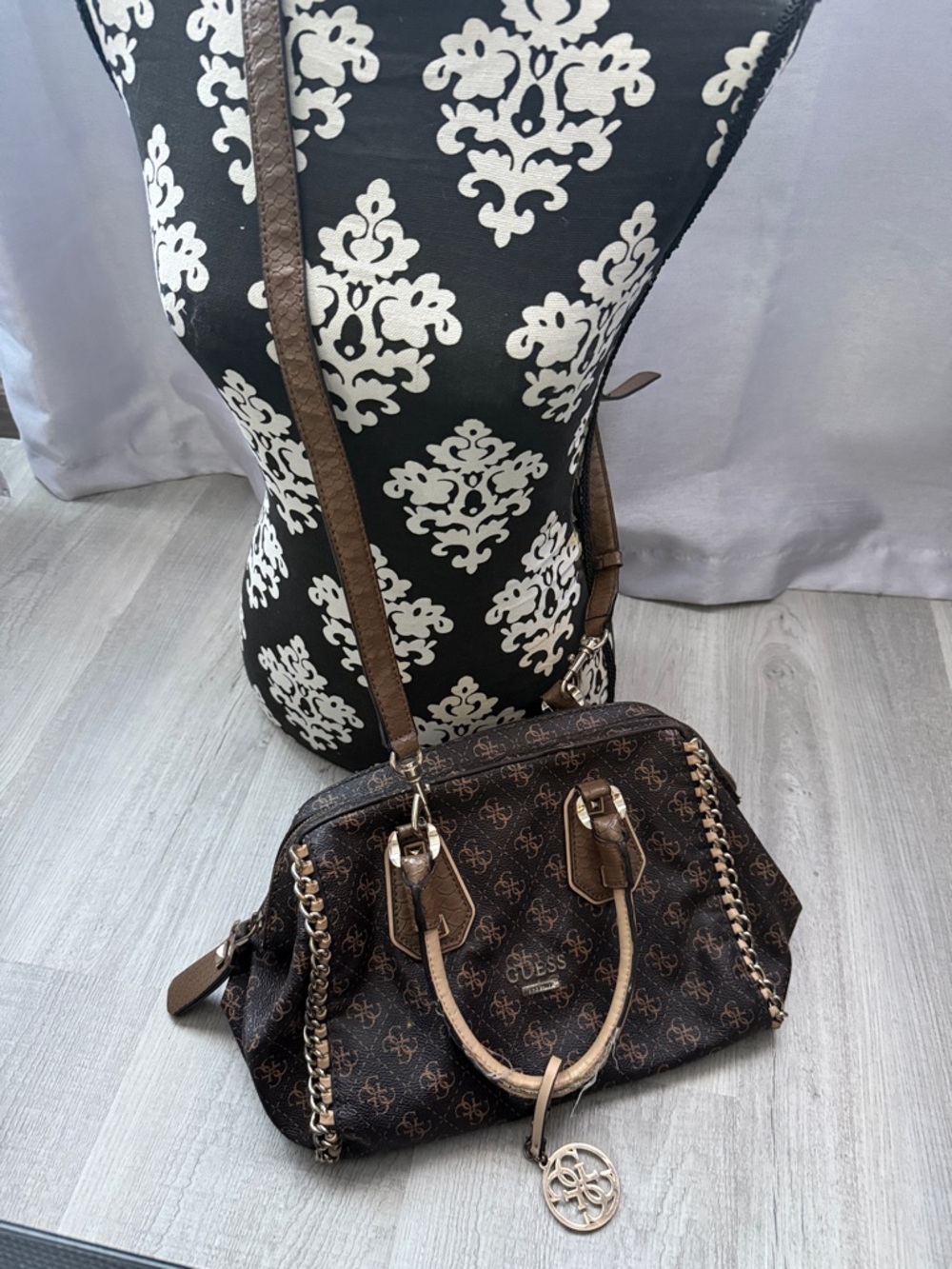 Vintage 2000s GUESS Brown &Tan Monogram Handbag/Shoulder Bag with Chain Detail